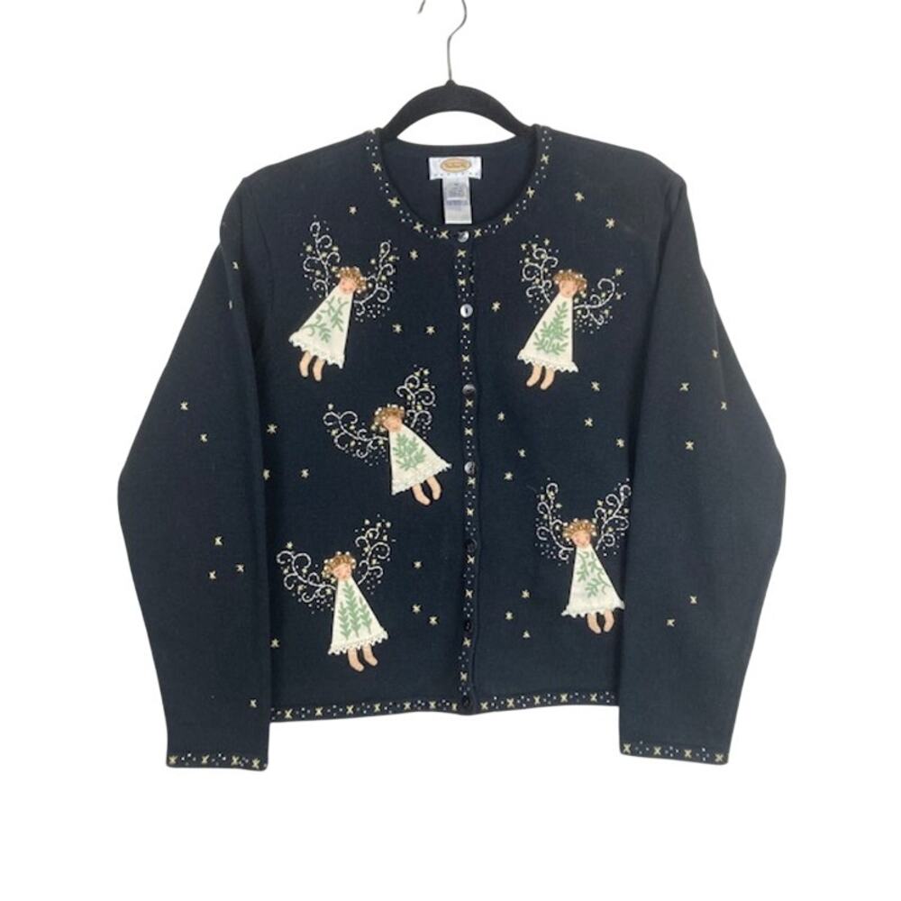 Talbots Petites-Christmas Cardigan Embroidered Felt Angels